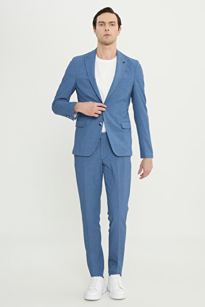 ALTINYILDIZ CLASSICS Men's Dark Blue Slim Fit Slim Fit Swallow Collar Cover Pocket Seersucker Pattern Suit