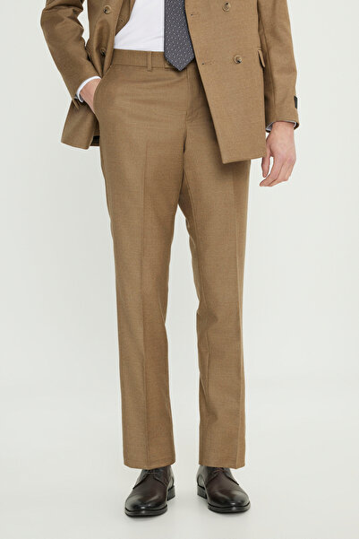 ALTINYILDIZ CLASSICS Men's Camel Wool Slim Fit Slim Fit Swallow Collar Flap Pocket Double-Breasted Piece Suit