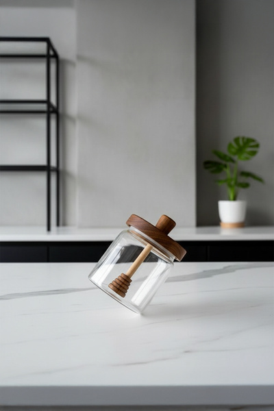 Home Melora Acacia Lid Borosilicate Glass Honey Jar 450 ml