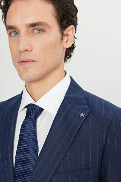 ALTINYILDIZ CLASSICS Men's Navy Blue Linen Slim Fit Slim Fit Swallow Collar Striped Flap Pocket Suit