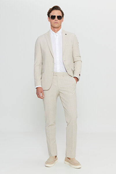 ALTINYILDIZ CLASSICS Men's Beige Wool Slim Fit Slim Fit Swallow Collar Plaid Seersucker Patterned Suit with Flap Pockets