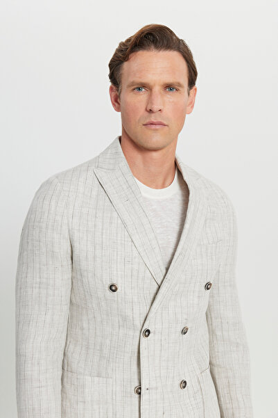 ALTINYILDIZ CLASSICS Men's Beige 100% Linen Slim Fit Slim Fit Swallow Collar Bag Pocket Double-Breasted Suit