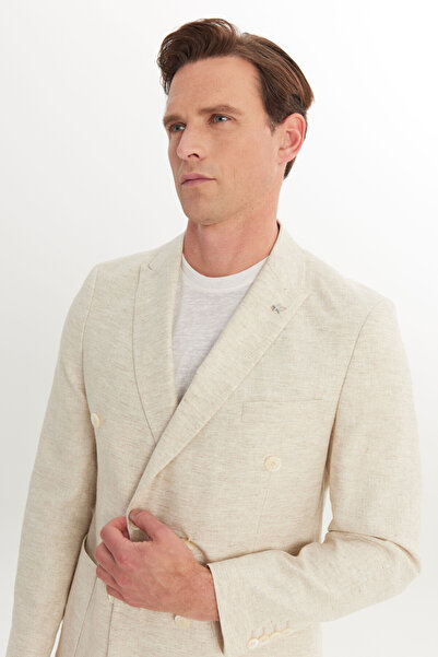 ALTINYILDIZ CLASSICS Men's Beige Linen Slim Fit Slim Fit Swallow Collar Patterned Double-Breasted Suit