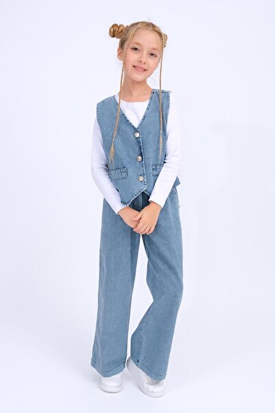 Perendi Girl's Vest and Wide-Leg Pants Jeans Set - Blue