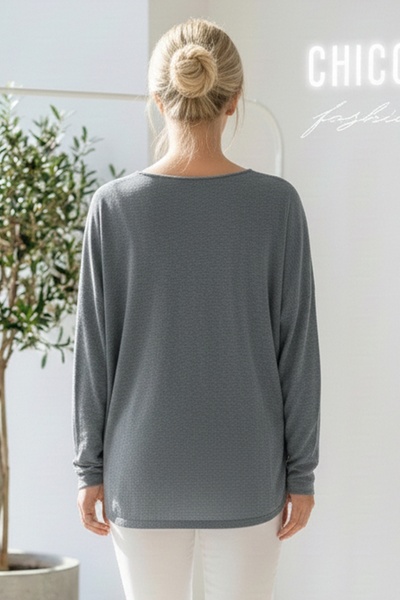 Chiccy Italian Dark Gray V-Neck Long Sleeve B Printed Casual Acrylic O Oversized Knitwear Blouse 68 70