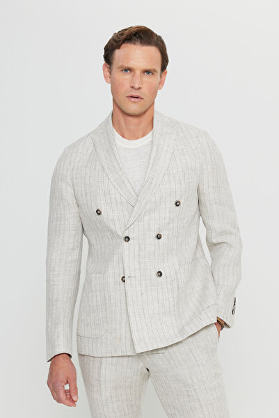 ALTINYILDIZ CLASSICS Men's Beige 100% Linen Slim Fit Slim Fit Swallow Collar Bag Pocket Double-Breasted Suit