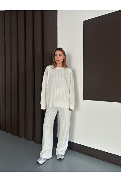 orjinal blue b Γυναικεία μοντέρνα μπλούζα παντελόνι με ριγέ πέτρα στο κάτω μέρος Τάση