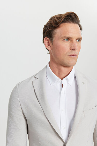 ALTINYILDIZ CLASSICS Men's Beige Slim Fit Slim Fit Mono Collar Bag Pocket Seersucker Patterned Stretch Suit