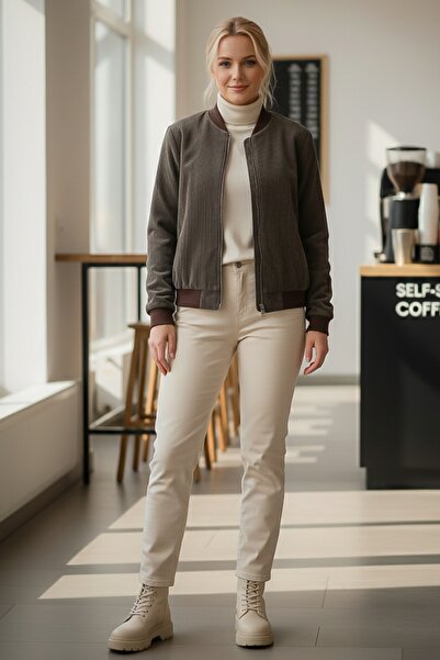 Chiccy Italian Khaki Bomber Collar Cuffed Sleeves Zippered Without Pockets Without Lining Velvet Woven Bomber Jacket 68 65