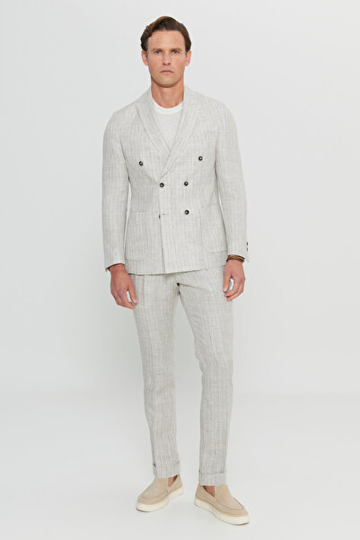 ALTINYILDIZ CLASSICS Men's Beige 100% Linen Slim Fit Slim Fit Swallow Collar Bag Pocket Double-Breasted Suit