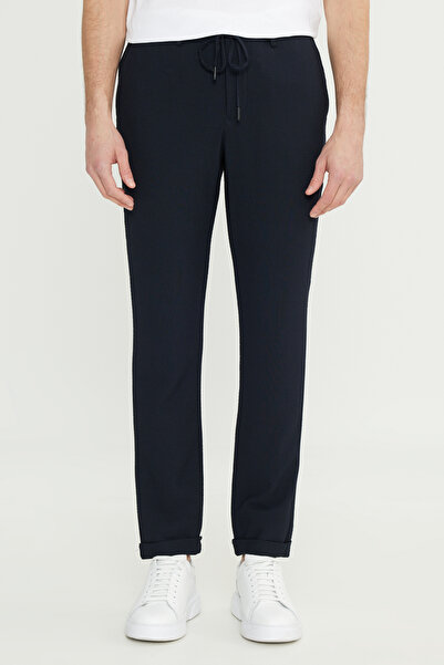 ALTINYILDIZ CLASSICS Ανδρικό παντελόνι από μάλλινο μπλε ναυτικό χρώμα, χαλαρή εφαρμογή, άνετο κοψίματο, ελαστικό παντελόνι με μοτίβο γκόφρε με δέσιμο στη μέση