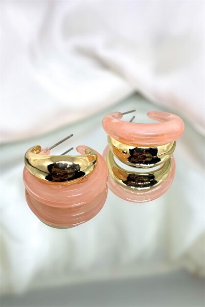 MatmazelLavinya Gold Detailed Salmon Pink Bone Hoop Earrings