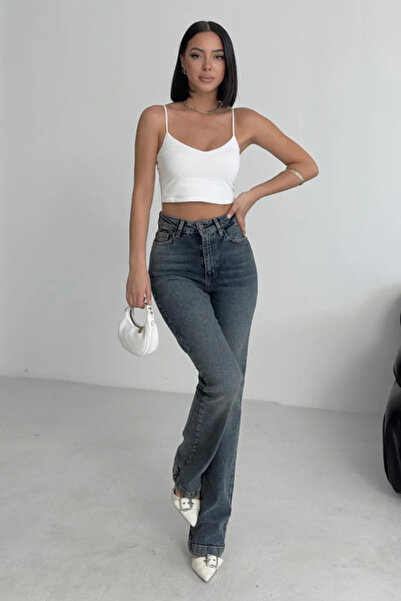 Coşkun GİYİM بنطلون جينز نسائي بخصر عالٍ وقصة واسعة مريح باللون الأزرق المتوس...