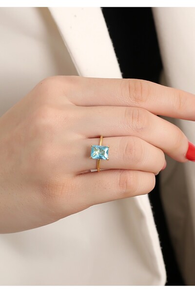 LİNOVE JEWELLERY 925 Ayar Gümüş Mavi Tektaş Yüzük, Gümüş Baget Yüzük, Zarif M...