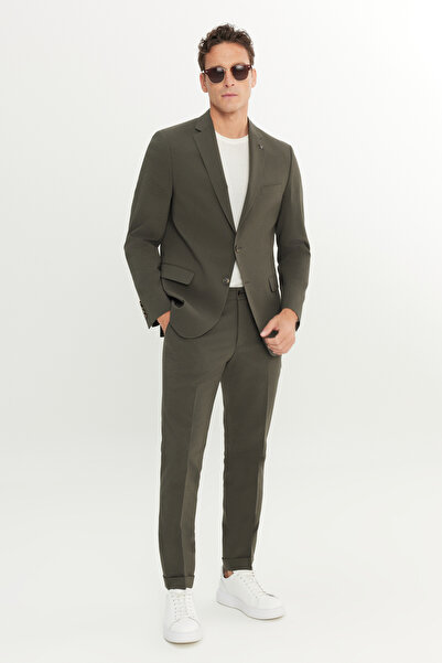 ALTINYILDIZ CLASSICS Men's Khaki Extra Slim Fit Slim Fit Mono Collar Patterned Suit with Flap Pockets