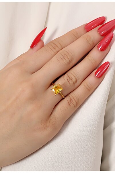 LİNOVE JEWELLERY 925 Ayar Gümüş Baget Sitrin Tektaş, Gümüş Bagetli Yüzük, Zar...