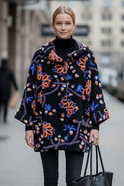 Chiccy Italian Black Long Sleeve Patterned Buttoned Pocketed Casual Felt Fabric O Oversized Woven Jacket 80 80