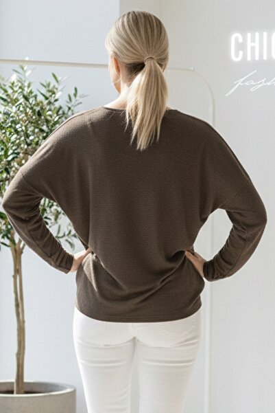 Chiccy Italian Brown V-Neck Long Sleeve B Printed Casual Acrylic O Oversized Knitwear Blouse 68 70