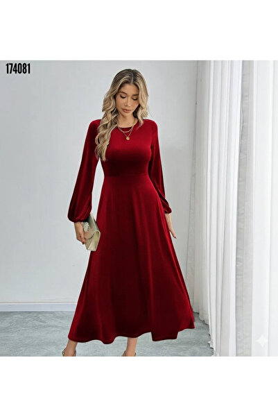 moda wanilia Women's Velvet Midi Dress – Long Sleeve Crew Neck Elegance