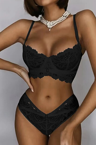 Trendyup Fine Lace Underwear Set, Noir Lingerie, 2 pieces, Black