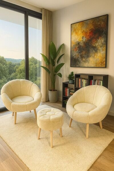 KOKİ DESİGN LİDA Krem Wellsoft Peluş Kumaş İkili Berjer Seti PAPATYA PUF HEDİ...