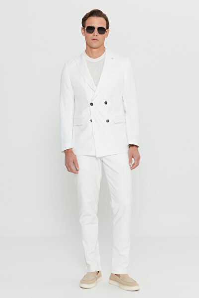 ALTINYILDIZ CLASSICS Men's Ecru Slim Fit Slim Fit Swallow Collar Blazer Jacket with Flap Pockets