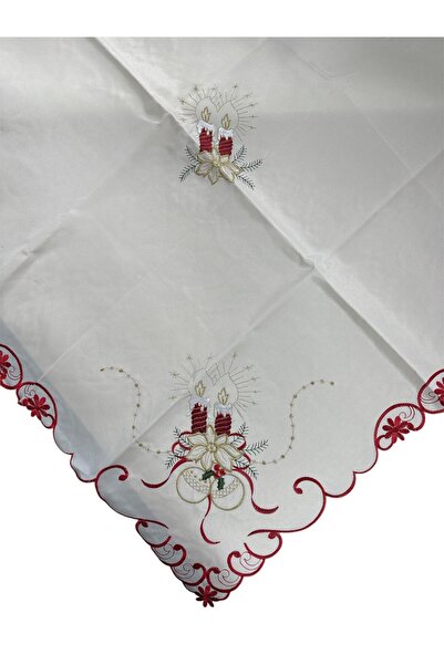 OEM Christmas tablecloth with lace and candle print, 130 × 180 cm, creamy white