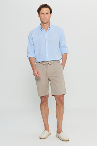 ALTINYILDIZ CLASSICS Ανδρικό σορτς μπεζ βαμβακερό εφαρμοστό με λεπτή εφαρμογή, δεμένη μέση, ελαστικό σορτς με πλαϊνές τσέπες