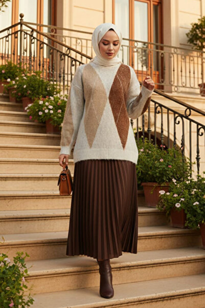 N.S NEVA STYLE Πλεκτό πουλόβερ με μπεζ μοτίβο μπακλαβά 8740BEJ