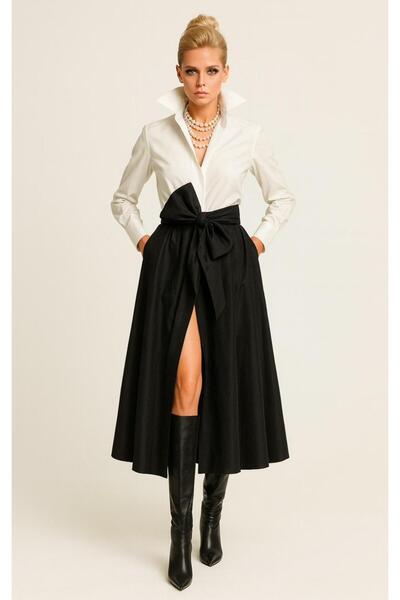 ALYEL NAKER Kuşaklı & Midi Boy Şık Tafta Gömlek Elbise