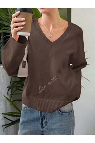 Dier Moda Pulover tricotat maro cu decolteu în V supradimensionat pentru femei, pulover tricotat Fmoda1970