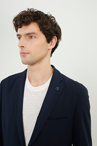 ALTINYILDIZ CLASSICS Men's Navy Blue Cotton Slim Fit Slim Fit Dobby Stretch Blazer Jacket with Pocket