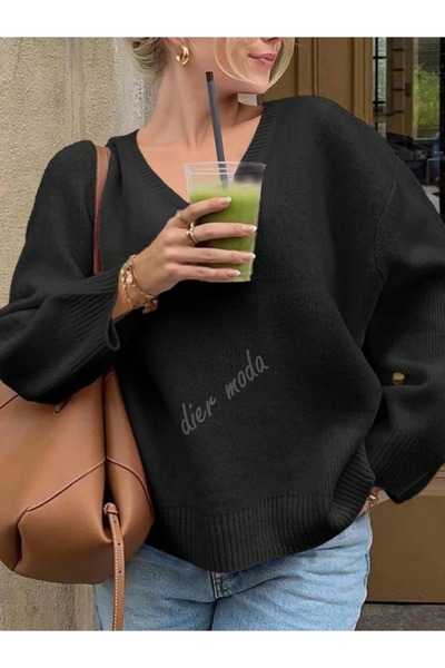 Dier Moda Γυναικείο πλεκτό πουλόβερ με λαιμόκοψη σε μαύρο χρώμα oversized , πλεκτό πουλόβερ Fmoda1970
