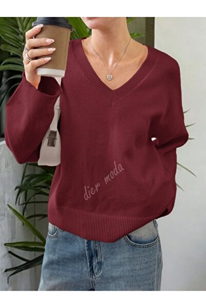 Dier Moda Women's Burgundy V-Neck Oversized Knitwear Sweater, Knitwear Sweater Fmoda1970