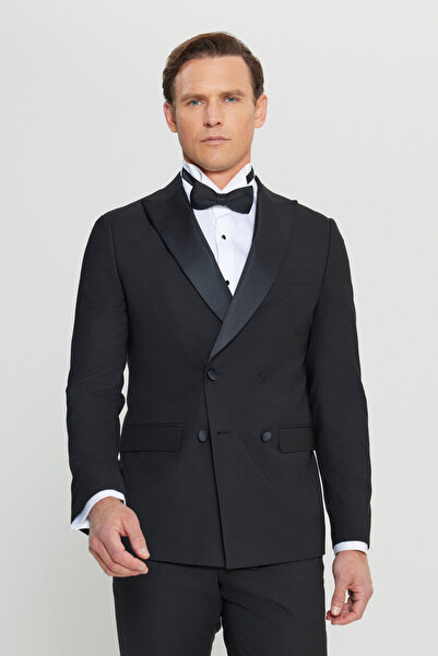 ALTINYILDIZ CLASSICS Erkek Siyah Yünlü Slim Fit Dar Kesim Kırlangıç Yaka Kapak Cepli Damatlık Smokin Takım