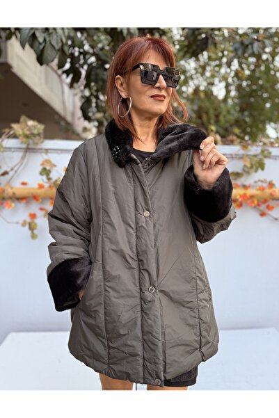 DenizEge Brooched Fur Collar Coat Khaki