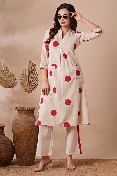 PRIYA'S PANACHE Polka Dot Printed A-Line Co-ord Set Off White | Indian Dress Ethnic Kurta Set for Women