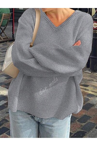 Dier Moda Women's Gray Melange V-Neck Oversized Knitwear Sweater, Knitwear Sweater Fmoda1970