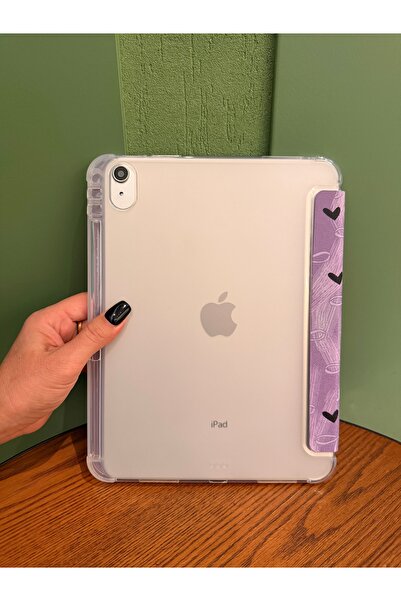 Fibaks iPad 11 A16 2025 10Th Generation 10.9 Case Lilac Colored White Bow Black Heart Patterned Pen Compartment Transparent