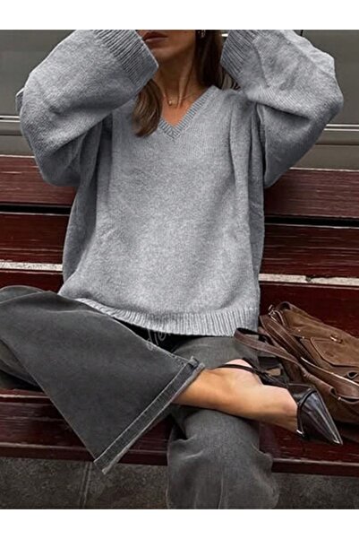 Dier Moda Women's Gray Melange V-Neck Oversized Knitwear Sweater, Knitwear Sweater Fmoda1970