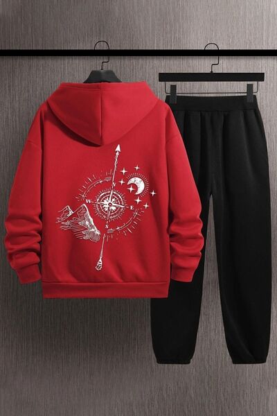 trendypassion Unisex Red Hooded Back Compass Back Printed Tracksuit Set Oversized