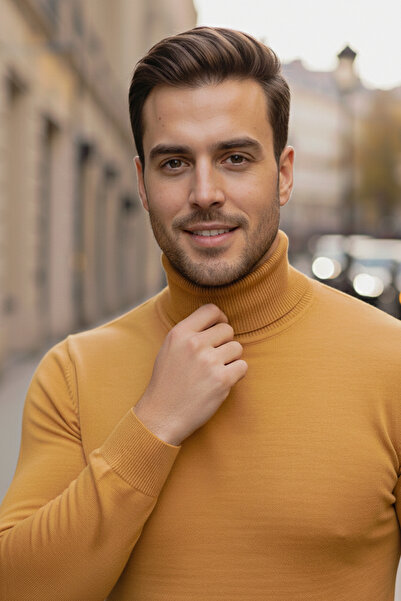 NAZEF Slim Fit 50% Cotton Yellow Turtleneck Sweater