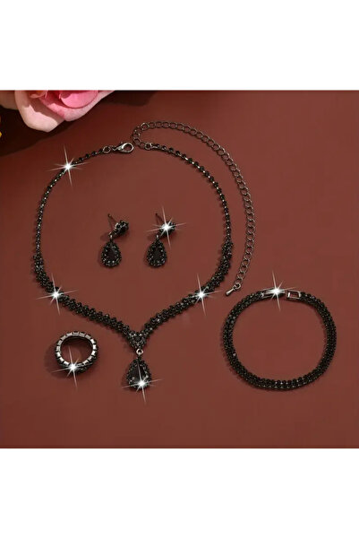 set.up Complete Black Zircon Stone Design Quad Set of Necklace, Earrings, Bracelet and Ring