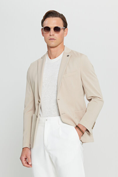 ALTINYILDIZ CLASSICS Men's Beige Cotton Slim Fit Slim Fit Dobby Stretch Blazer Jacket with Pocket