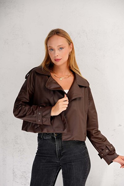 MEECY Oversize Brown Leather Jacket