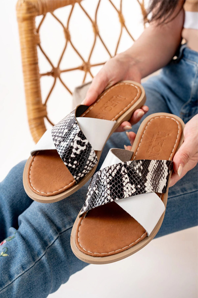 idimilla 169-076 White Orthopedic Genuine Leather Cross Banded Women's Slippers