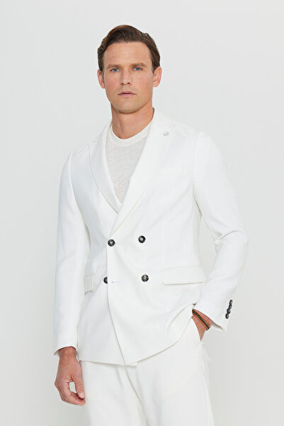 ALTINYILDIZ CLASSICS Men's Ecru Slim Fit Slim Fit Swallow Collar Blazer Jacket with Flap Pockets