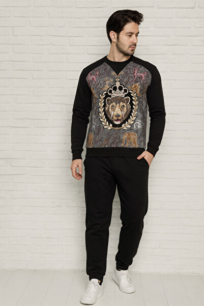 BİRSEN TASARIM Ανδρικό Σετ Φόρμας με τύπωμα Κορδόνια Σετ Κέντημα Β επένδυση fleece