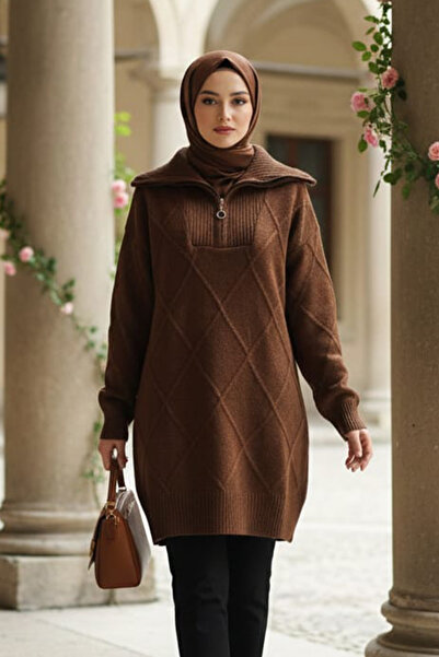 N.S NEVA STYLE Brown Hijab Knitwear Sweater Tunic with Baklava Detail 83961Kh
