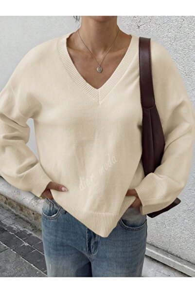 Dier Moda Γυναικείο πλεκτό πουλόβερ εκρού με λαιμόκοψη σε σχήμα V oversized , Πλεκτό πουλόβερ Fmoda1970